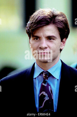 Richmond, Virginia. USA, 16. Oktober 1992 The Clinton/Gore Kampagne startet ihre letzte Kampagne Push nach der letzten Präsidentschafts-Debatte an der University of Virginia. Clinton Berater George Stephanopoulos an der Kundgebung auf den Stufen des Statehouse in Richmond Virginia Credit: Mark Reinstein Stockfoto