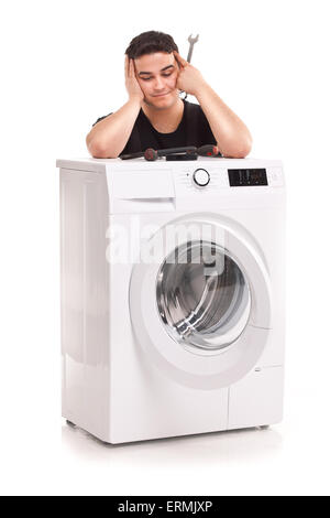 Studio Foto von Waschmaschine Mechaniker Stockfoto
