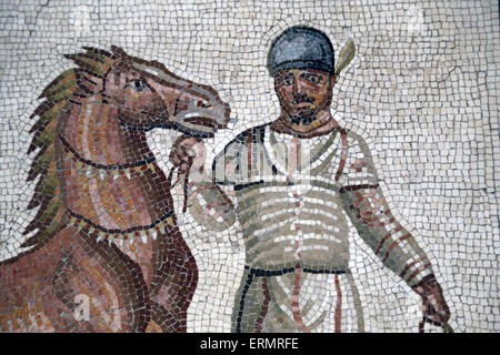 Mosaik mit einem Wagenlenker und Pferd Albata Gruppierung (weiß). 3. Jahrhundert n. Chr. Rom. Römische Nationalmuseum. Rom. Stockfoto