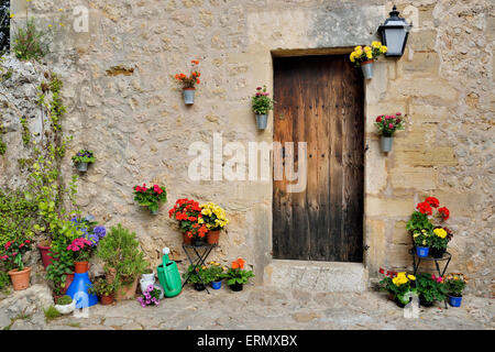 Blumentöpfe vor einem Haus, Pollenca, Mallorca, Balearen, Spanien Stockfoto