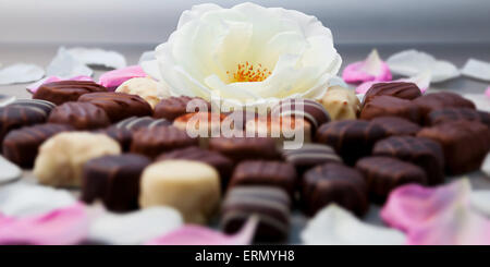 Romantisches Schokoladen-Trüffel und weißen Rosen Herz Form Setup horizontale Stockfoto