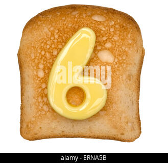 Isolierte Toast mit Butter Nummer 6 Stockfoto