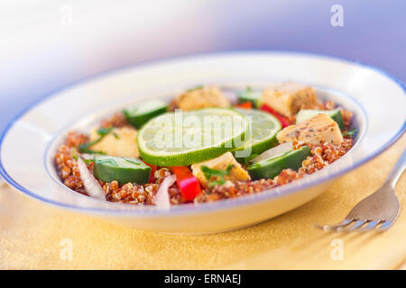 Roter Quinoa-Taboulé Salat mit saftig gegrilltem Hähnchen und Gurken mit gehackter Petersilie Stockfoto