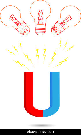 Magnet-Idee. Power Glühbirne, Attraktion und Hufeisen, magnetisieren und Wachstum, Vektor-Grafik Illustration Stockfoto