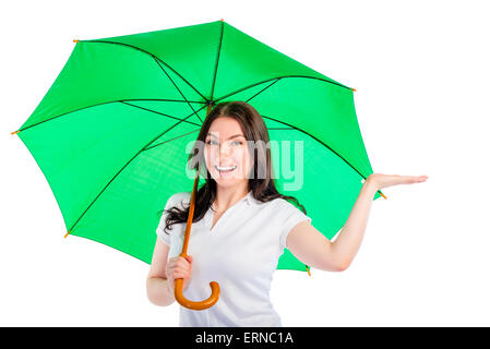 Frau unter dem Dach legte seine Hand isoliert Stockfoto