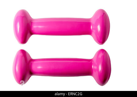 Zwei rosa Farbe Hanteln isoliert closeup Stockfoto