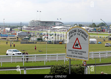 Epsom Downs Surrey UK. 5. Juni 2015. Es war Ladies Day 2015 in Epsom, mit dem Höhepunkt des Tages die Investec Eichen (Stutfohlen Gruppe 1, Klasse 1), laufen über eine Distanz von 1m 4f 10 y. 5/2 Favorit Nr. 8 (orange und blaue Farben) Legatissimo wurde auf den zweiten Platz von der Foto-Finish-Gewinner, Nr. 9 (rote und gelbe Farben) geschlagen und 20/1 Außenseiter zu qualifizieren, geritten von C O' Donoghue und von A P O'Brien ausgebildet. Die Tribüne voller Zuschauer mit Blick auf die Abfahrt direkt bis zur Ziellinie. Bildnachweis: Julia Gavin UK/Alamy Live-Nachrichten Stockfoto