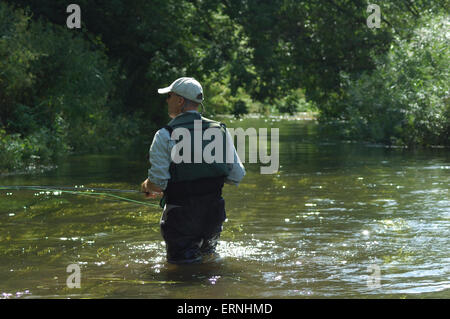 Ein Mann Fliegenfischen am Fluß Avon in Wiltshire Stockfoto