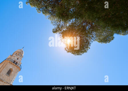 Hohe Bäume umrahmen einen klaren blauen Himmel, die Sonne durch und Turm der Kirche Stockfoto