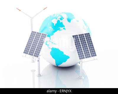 3D-Bild. Erdkugel mit Windturbinen und Solarzellen, alternative Energien. Konzept für Ökologie. Isolierten weißen Hintergrund Stockfoto
