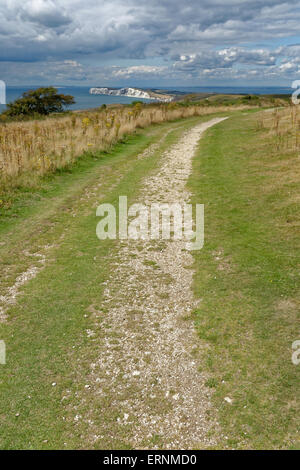 Freshwater Bay und Tennyson Down in der Ferne, Tennyson Trail, Mottistone, Isle of Wight, England, UK, GB. Stockfoto