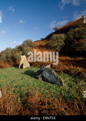 DIN Dryfol neolithische Grab, Anglesey: Reste von bis zu 4 Grabkammern in einer Linie von W-E (R-L) fallenden einmal eine aufwendige 62m langen Cairn Stockfoto