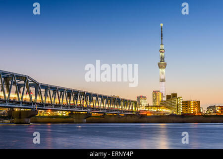 Tokyo, Japan-Skyline vom Fluss Arakawa. Stockfoto