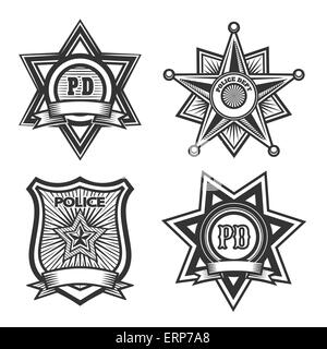 Polizei Abzeichen Set. Monochrome isoliert auf weißem Hintergrund. Nur kostenlose Schriftart verwendet. Stock Vektor