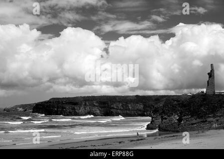 junge Frau am Strand mit Felsen und die Burg in Ballybunion Beach County Kerry Irland Stockfoto