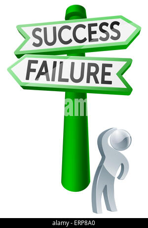 Ein Mann unter Berücksichtigung seiner Optionen betrachten ein Schild mit der Aufschrift Erfolg oder Misserfolg Stockfoto