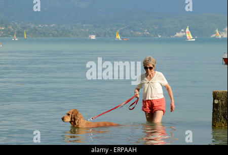 Lac d ' Annecy, Frankreich. 6. Juni 2015. Frau, die ihren Hund in das kühle Nass des Lac d ' Annecy in Frankreich als Temperaturen über 30 c Kredit steigen: David Bagnall/Alamy Live News Stockfoto