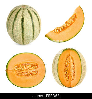 Collage-Satz von 4 Studio-Aufnahmen einer Cantaloupe-Melone, auch bezeichnet als Honigtau, schneiden in verschiedenen Formen, isoliert auf weiß ba Stockfoto