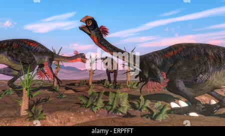 Angreifende Gigantoraptor Dinosaurier Tyrannosaurus Rex und Eiern von Tag - 3D render Stockfoto