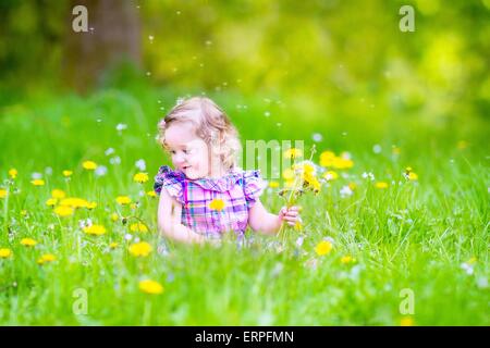 Entzückende Kleinkind Mädchen mit dem lockigen Haar trägt ein rosa Kleid mit gelben Löwenzahn in einen blühenden Frühling Garten Stockfoto