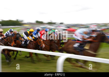 Epsom Downs, Surrey, UK sprint 6. Juni 2015 das Feld vorbei Tattenham Corner in 5 Furlong Investec Firmenkundengeschäft Cup bei The Derby Tag treffen Stockfoto