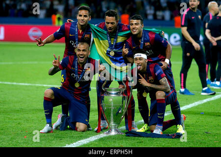 Berlin (Deutschland). 6. Juni 2015. Fußball / Fußball: Uefa Champions League - Finale Juventus Vs Barcellona im Olympiastadion in der Stadt Berlin.   die Barcelona gewann die Champions League gegen Juventus Turin mit 2: 1, Raktic Ergebnis (Morata (wurden) Neymar (BH) Suarez (Bar) bar) (Foto: Marco Iacobucci/Alamy live-Nachrichten) Stockfoto