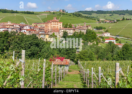 Stadt von Barolo zwischen grünen Hügeln und Weinbergen des Piemont, Norditalien. Stockfoto