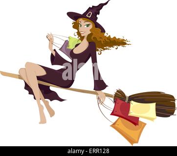 Halloween-Hexe auf dem Besen fliegen Stock Vektor