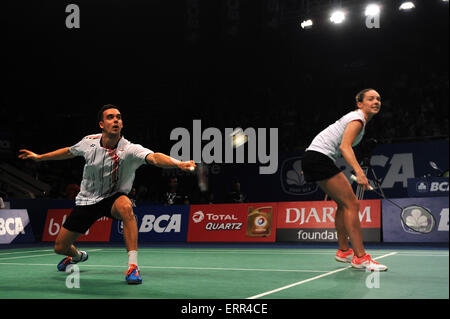 2. Juni 2015 - Jakarta, Indonesien - JAKARTA, Indonesien - 02. Juni: England Gabrielle Adcock (R) Chris Adcock konkurrieren gegen Holland Jorrit De Ruitter und Samantha Barning Mix Doppel bei der 2015 Indonesien Open Superseries Premier Badminton-Turnier in Jakarta auf 2. Juni 2015. (Kredit-Bild: © Sijori Bilder/ZUMA Draht) Stockfoto