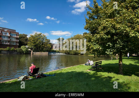 Boote neben Fluss Avon, Weiden, Banken, Angeln, Stratford-upon-Avon, Warwickshire, UK Stockfoto