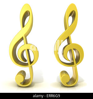 Goldene Treble Clefs isoliert auf weißem Hintergrund Stockfoto