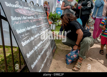 Exeter, Devon, UK. 7. Juni 2015. Bevor ich sterben an Bord der Unterzeichnung Exeter Respekt Festival 2015 im Belmont Park, Exeter am 7. Juni 2015 in Exeter, Devon, UK Credit: Clive Chilvers/Alamy Live News Stockfoto