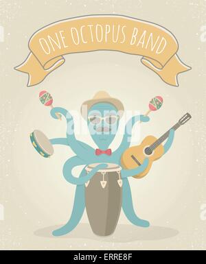 Cartoon-flache Vektor-Illustration von Latino Octopus spielen, Kongo, akustische Gitarre, Tamburin und Maracas. Stock Vektor