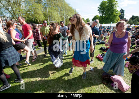 Exeter, Devon, UK. 7. Juni 2015. Das Publikum springen zu Lionstar bei Exeter Respekt Festival 2015 im Belmont Park, Exeter am 7. Juni 2015 in Exeter, Devon, UK Credit: Clive Chilvers/Alamy Live News Stockfoto