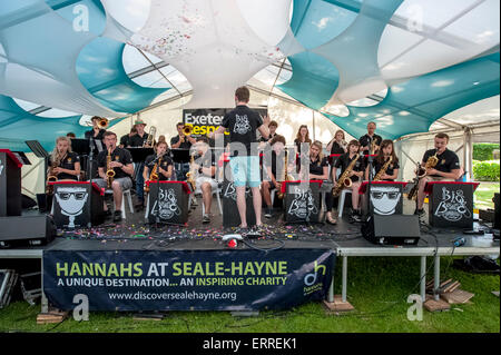 Exeter, Devon, UK. 7. Juni 2015. Exeter University Bigband Durchführung live Exeter Respekt Festival 2015 im Belmont Park, Exeter am 7. Juni 2015 in Exeter, Devon, UK Credit: Clive Chilvers/Alamy Live News Stockfoto