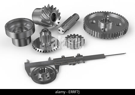 Vernier-Bremssattel mit Stahl Zahnräder isoliert auf weißem Hintergrund Stockfoto