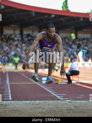 Birmingham, Vereinigtes Königreich. 7. Juni 2015. Diamond League Birmingham Grand Prix. Christian Taylor (USA) konkurriert im Dreisprung. Bildnachweis: Aktion Plus Sport/Alamy Live-Nachrichten Stockfoto