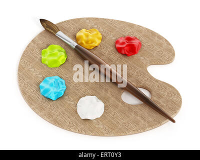 Palette mit Farben und Pinsel isoliert auf weißem Hintergrund Stockfoto