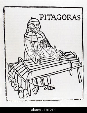 Pythagoras von Samos (570-495 v. Chr.). Ionischen griechische Philosoph und Mathematiker. Kupferstich von Theo Gafurius, 1492. Mailand, Italien. Stockfoto