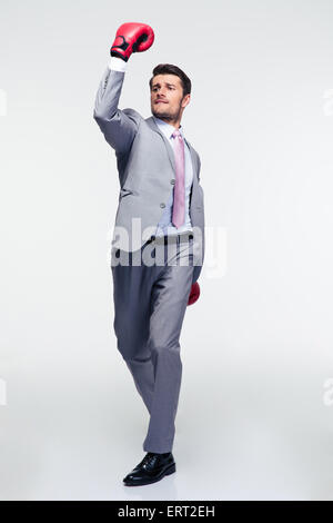 In voller Länge Portrait eines glücklichen Geschäftsmann in Boxhandschuhe über grauen Hintergrund Stockfoto