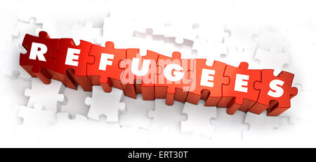 Flüchtlinge - Rätsel weiß Wort auf rot. Stockfoto