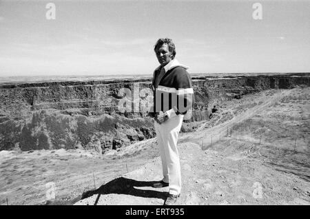 Stuntman Evel Knievel bereitet, Snake River Canyon in Idaho auf eine Dampf angetriebene Rollen zu springen. 26. August 1974. Stockfoto