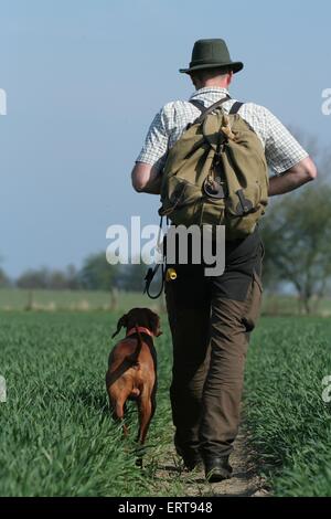 Jäger mit Magyar Vizsla Stockfoto