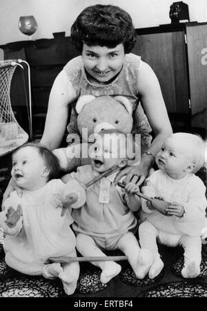 Die drei Überlebenden Babys die Sechslinge Frau Norman Thorns von Selly Oak, Birmingham, Julie, Susan und Roger geboren. Sie wäre ein Jahr alt, ein paar Tage, nachdem dieses Foto aufgenommen wurde.  30. September 1969 Stockfoto