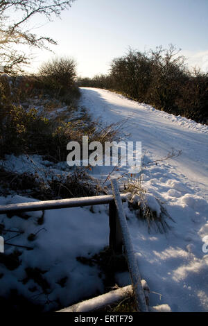 Fußabdrücke auf einer Schnee bedeckten Straße bei Sonnenuntergang, Glen Whilly, neue Luce, Dumfries and Galloway, Schottland Stockfoto