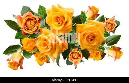 Schöner Blumenstrauß gelblich orange Rosen isoliert auf weißem Hintergrund. Draufsicht. Stockfoto