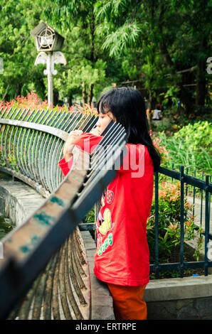 einsame junge Mädchen steht am Zaun des Parks, Ost-Java-Indonesien Stockfoto