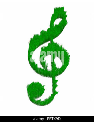 musikalische Note Notenschlüssel Symbol gemacht vom grünen Rasen isoliert 3D-Illustration Stockfoto