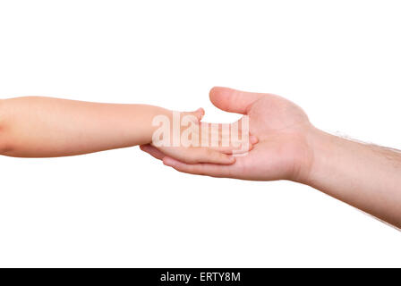 Hand schütteln des Kindes und der Vater isoliert Stockfoto