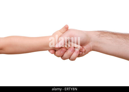 Hand schütteln des Kindes und der Vater isoliert Stockfoto